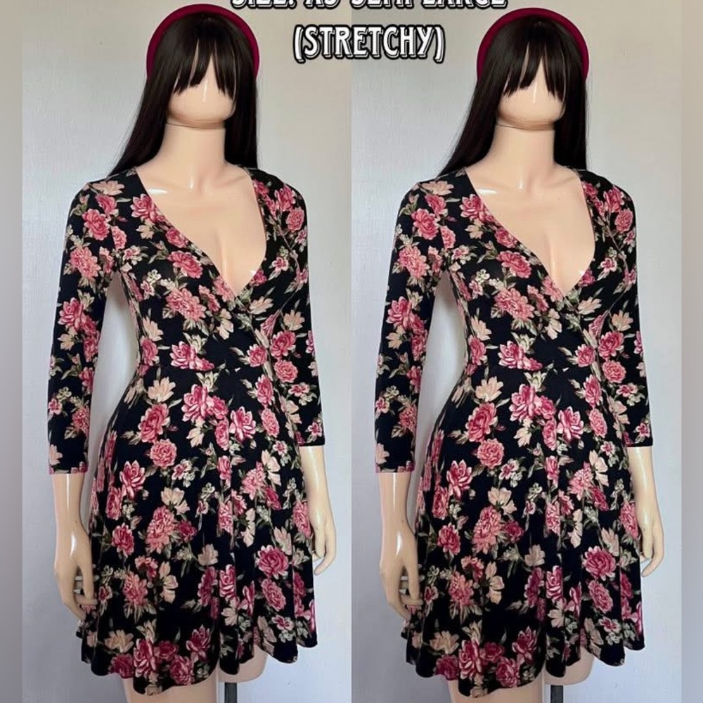 Forever 21 Floral Dress Black Pink 3/4 Sleeves